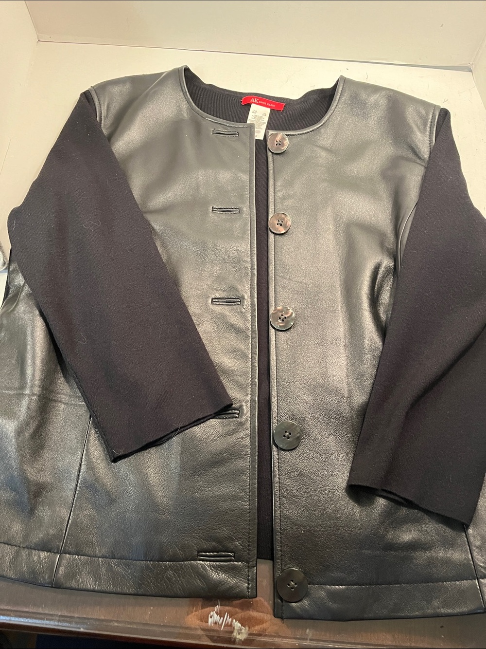 Anne Klein Black Leather Front Jacket with 3/4 Knit Sleeves